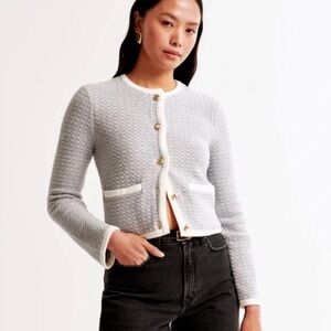 A&F Textural Crew Cotton Sweater Jacket Button Down - gray & white - Medium